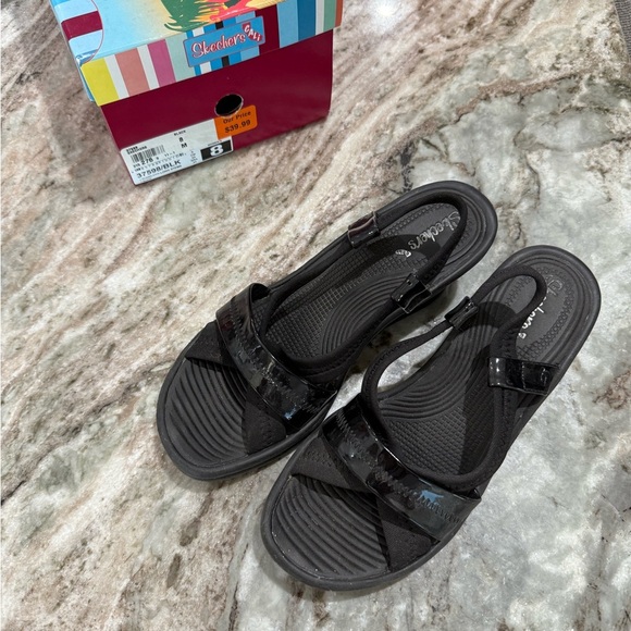 Skechers Glossy Black Slide Sandals - Picture 1 of 6